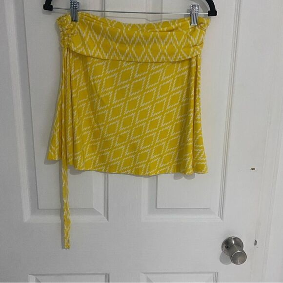 Patagona Yellow Summer Printed Ruched Cotton Tencel Lyocell Mini Skirt Size L - Picture 1 of 5